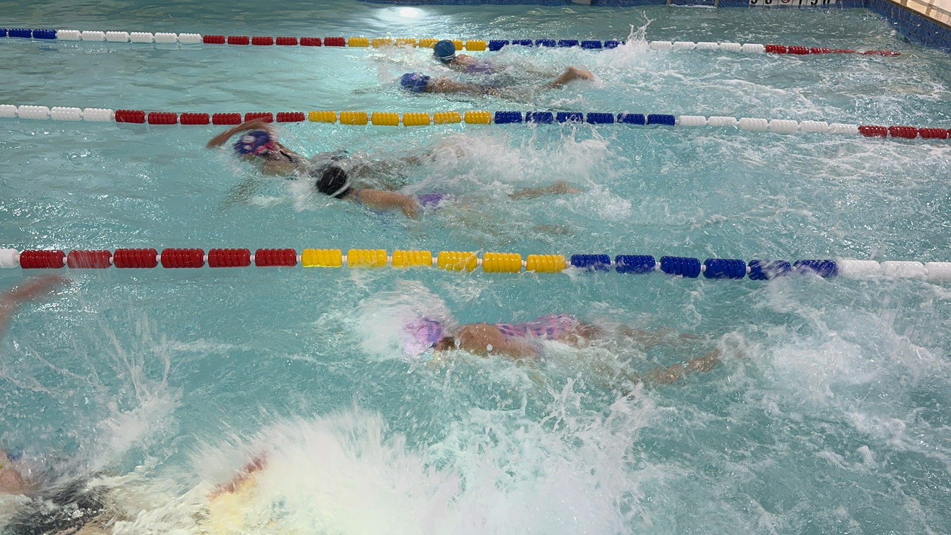 Swim team swimmers training in lanes at WD Swim